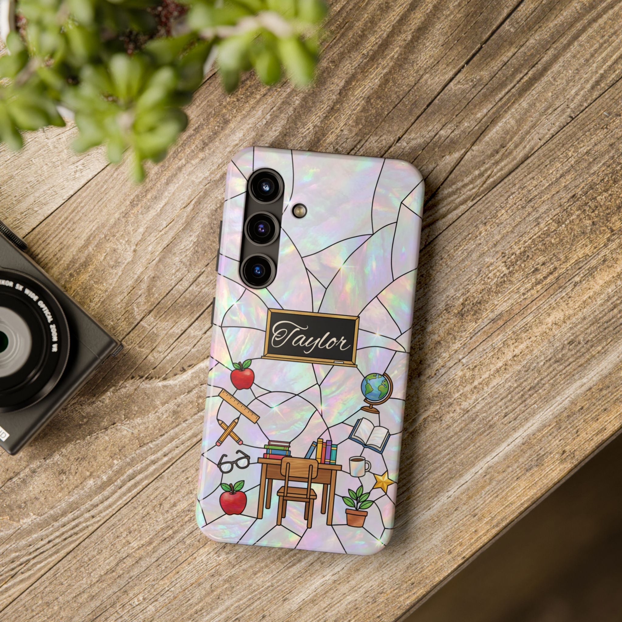Personalized Teacher Phone Case — Custom Name Stained Glass Classroom Design