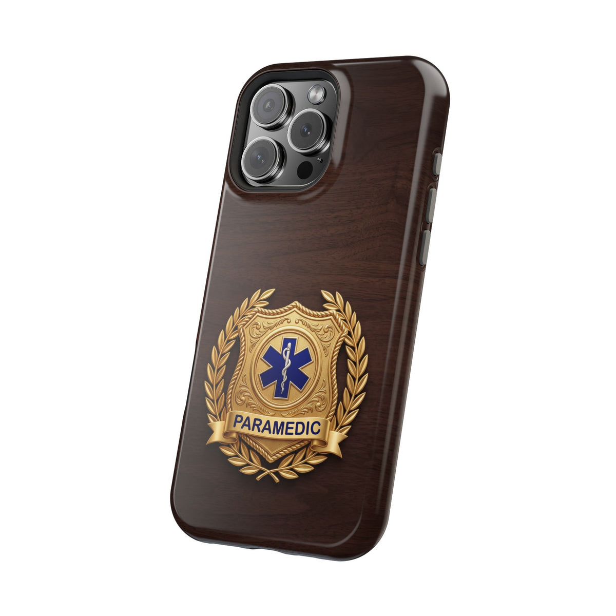 Gold Paramedic Laurel Badge Wood Phone Case — Magnetic Wireless Charging Cover