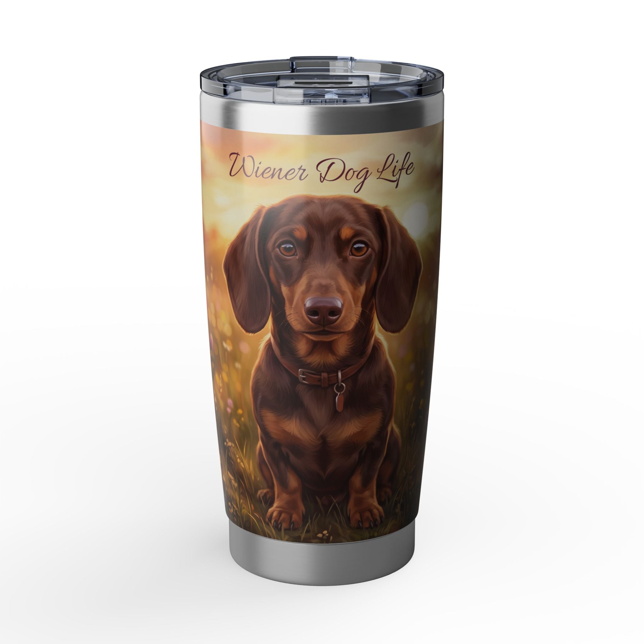 Dachshund Tumbler Personalized – 20 oz Stainless Steel Travel Mug with Custom Name, Chocolate & Tan Meadow Design