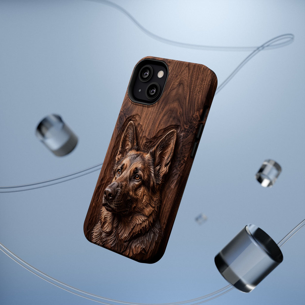 German Shepherd Phone Case | Carved Walnut Art — Tough Magnetic Case with Wireless Charging