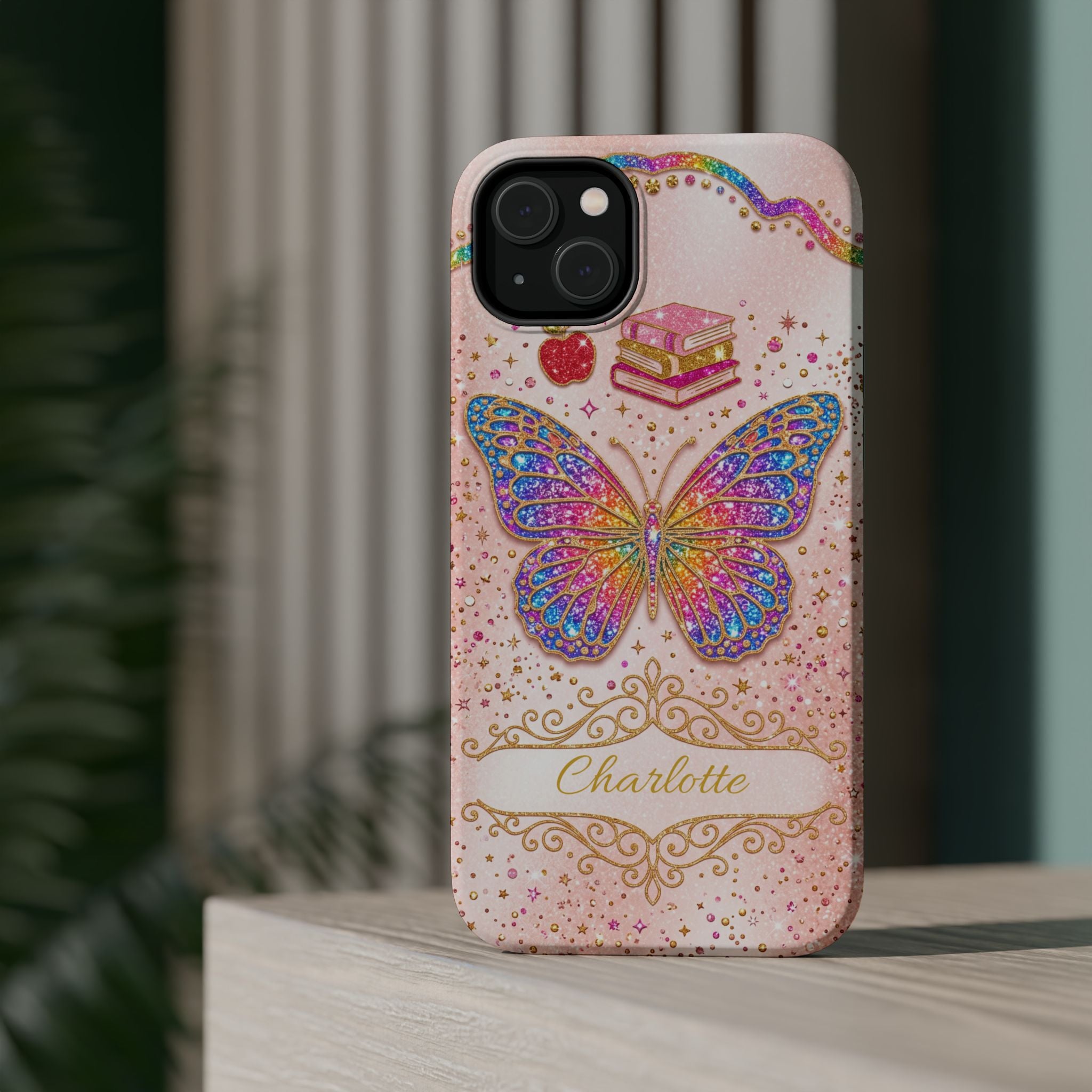 Blush Glitter Butterfly Personalized Teacher Phone Case — Wireless Charging Cover