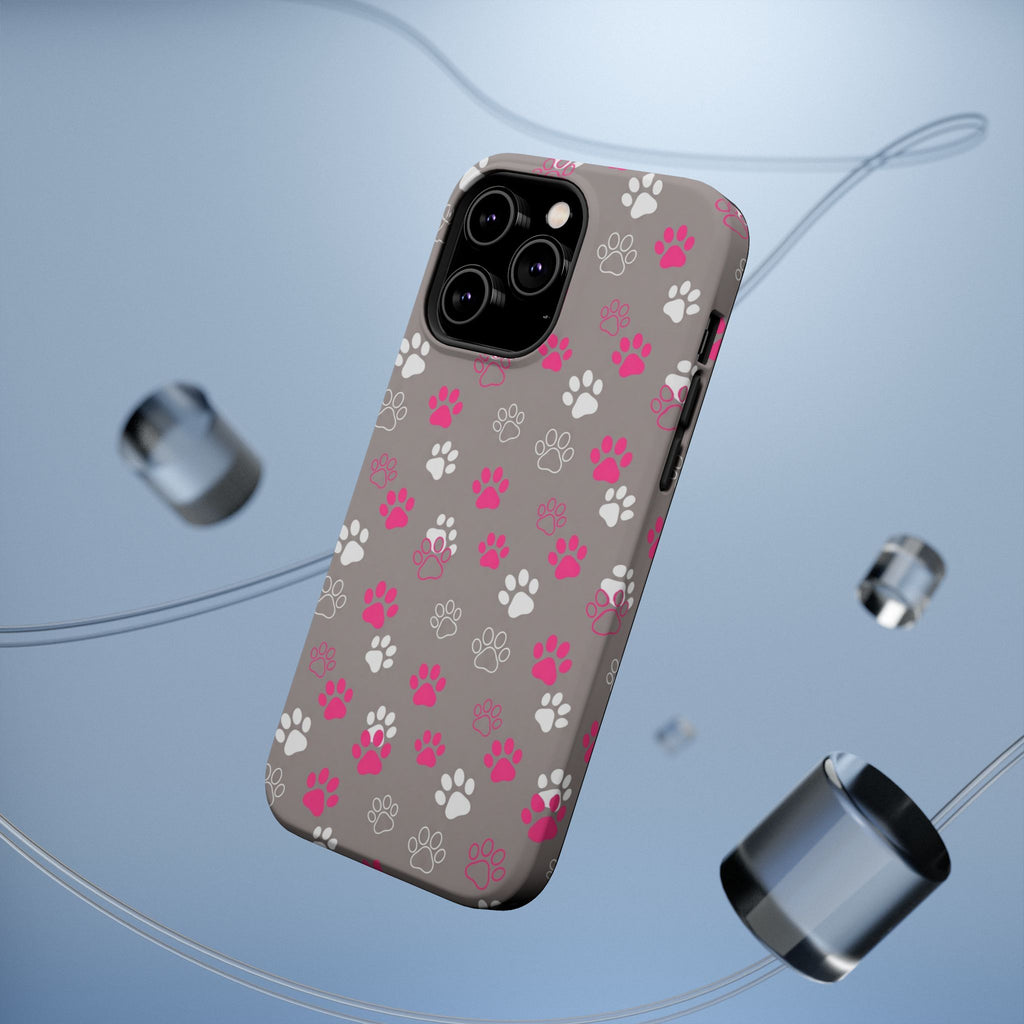 Pink & White Paw Print Phone Case — Impact-Resistant Wireless Charging Cover