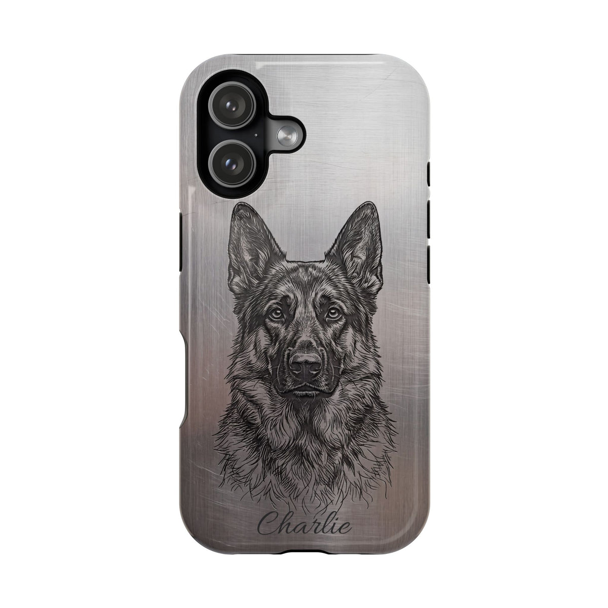 German Shepherd Phone Case | Personalized Etched Silver Art — Tough Magnetic Case with Wireless Charging
