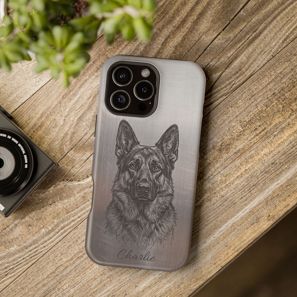 German Shepherd Phone Case | Personalized Etched Silver Art — Tough Magnetic Case with Wireless Charging
