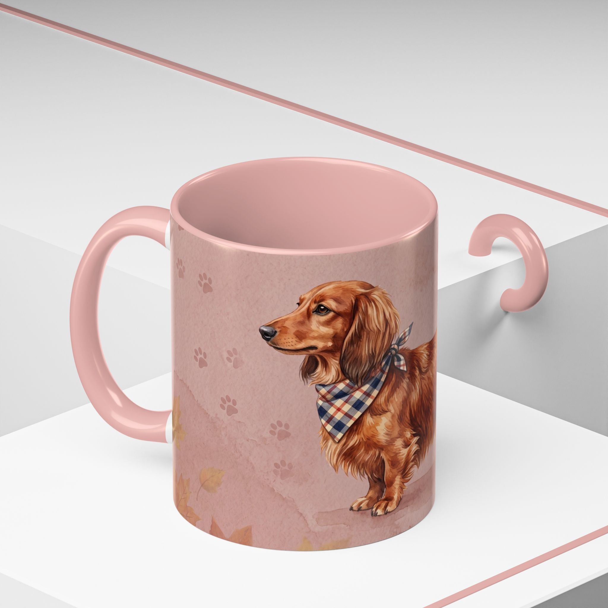 Dachshund Lover Mug | Long-Haired Wiener Dog with Plaid Bandana, Dusty Rose Watercolor Dog Gift