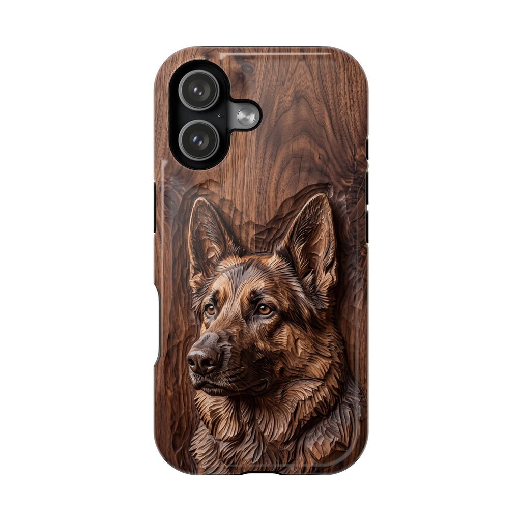 German Shepherd Phone Case | Carved Walnut Art — Tough Magnetic Case with Wireless Charging