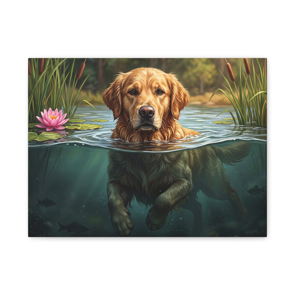 Golden Retriever Swimming Matte Canvas Wall Art — Dog Portrait Stretched Print
