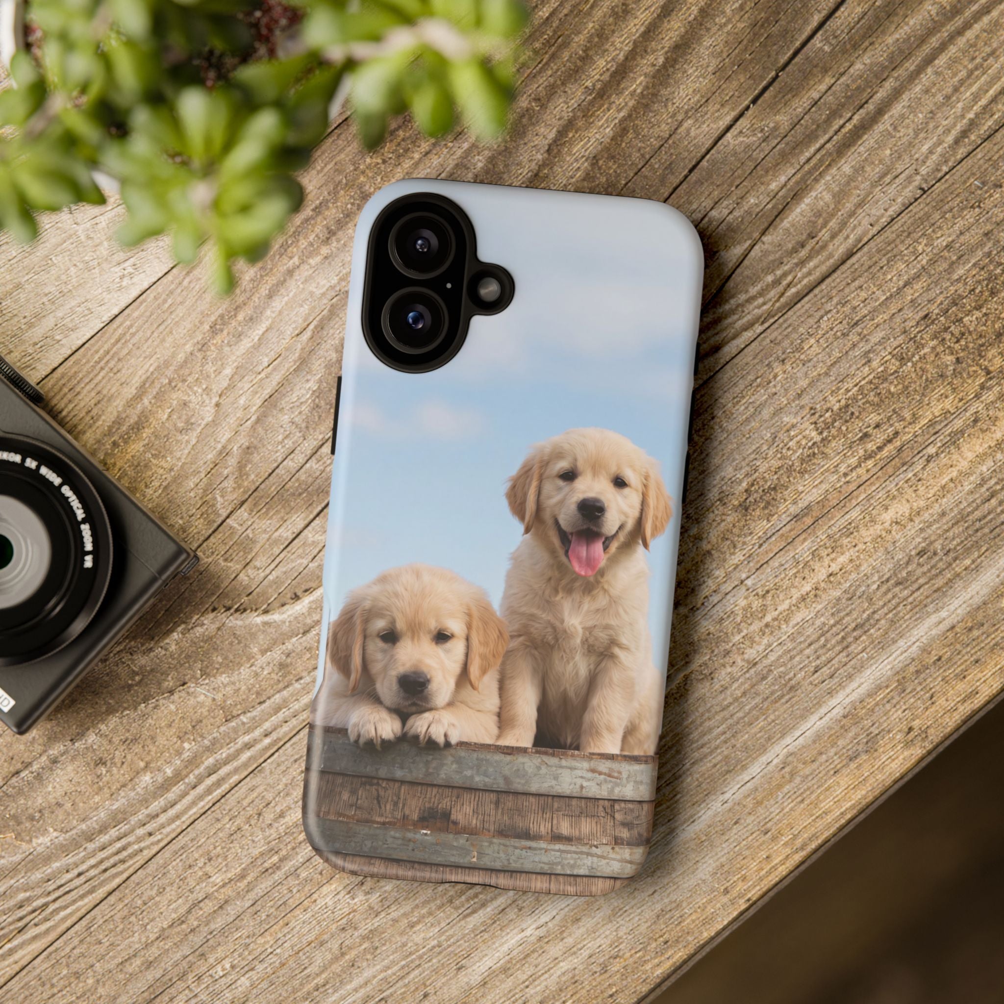 Golden Retriever Puppies on Barrel Phone Case | Cute Duo Under Blue Sky | iPhone & Samsung