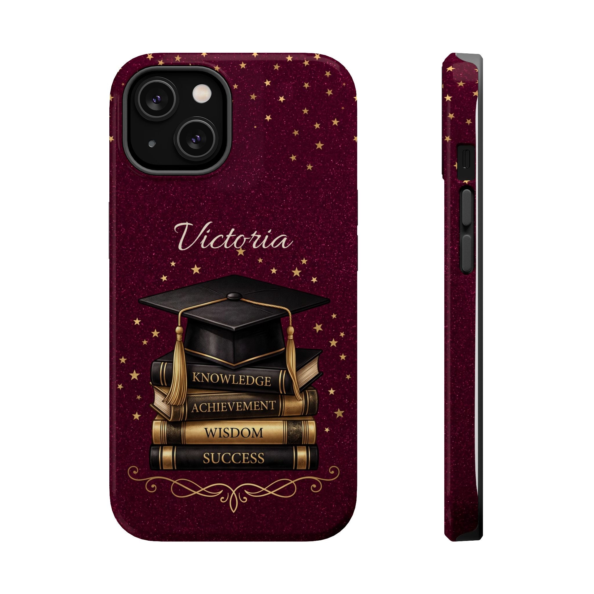 Graduation Cap & Books Personalized Teacher Phone Case — Wireless Charging Cover
