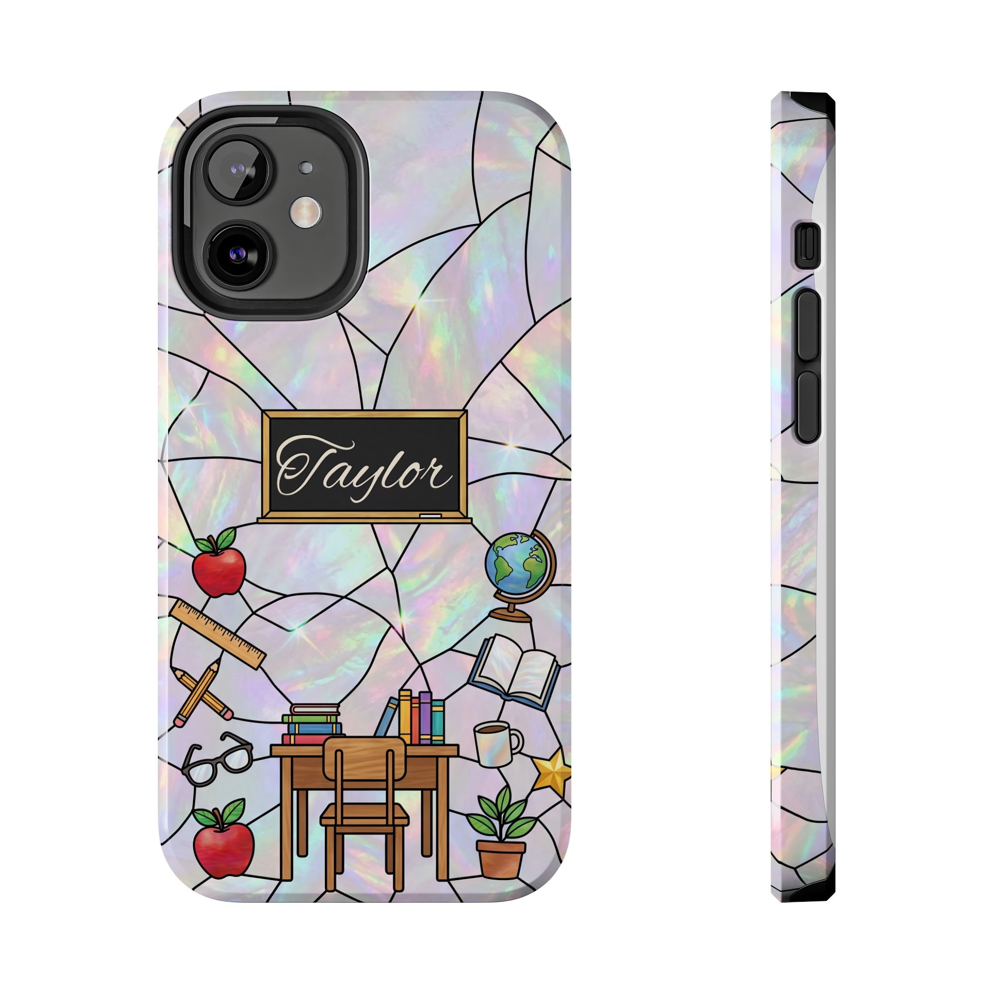 Personalized Teacher Phone Case — Custom Name Stained Glass Classroom Design