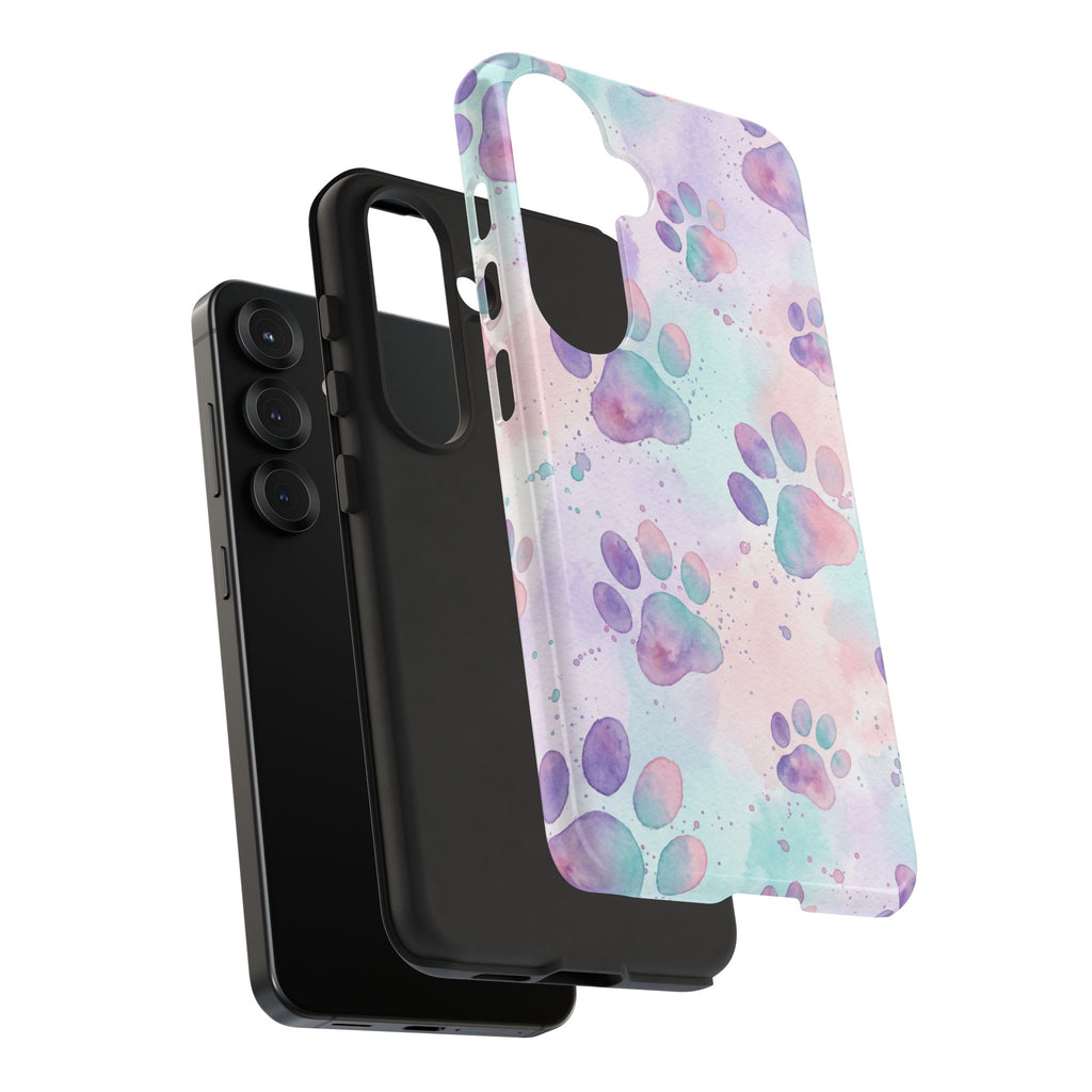 Watercolor Paw Print Phone Case | Pastel Purple, Teal & Pink Artistic Pattern | Samsung & iPhone