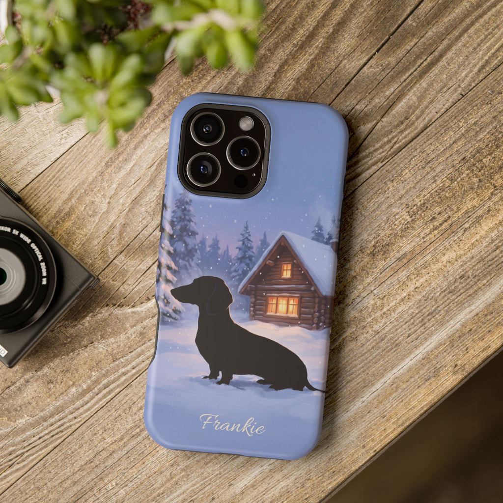 Personalized Dachshund Winter Cabin Phone Case — Wireless Charging Cover