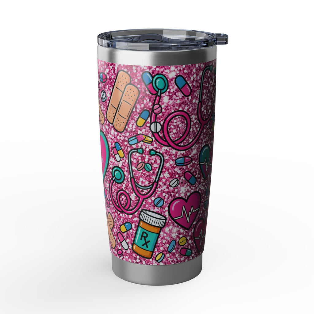 Personalized Nurse Tumbler – Custom Name Pink Glitter Heart Design 20 oz
