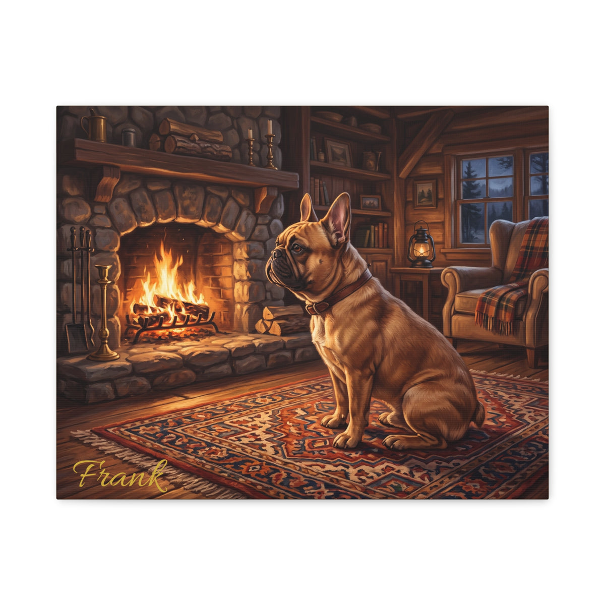 French Bulldog Personalized Canvas | Cozy Cabin Fireplace Wall Art