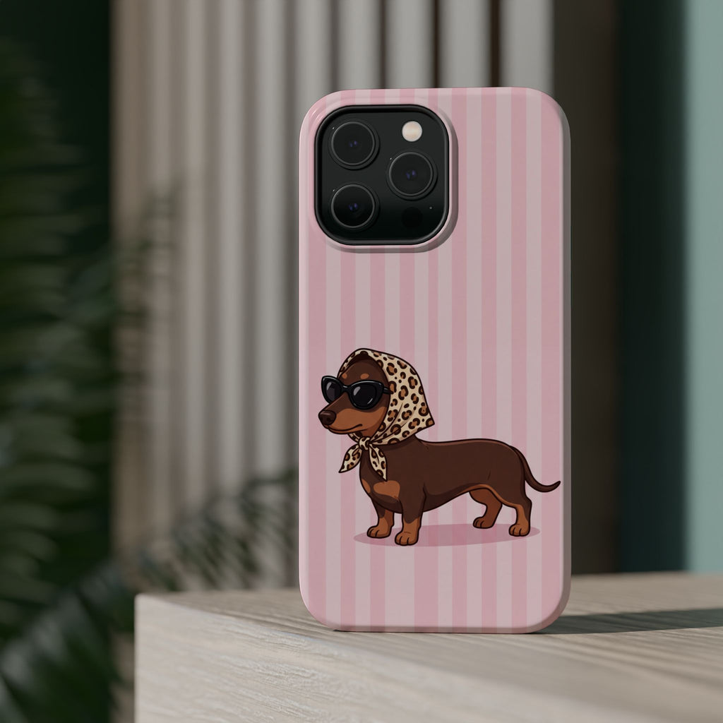 Glam Dachshund Phone Case | Cute Sausage Dog in Leopard Scarf & Sunglasses | Pink Stripe Case for iPhone & Samsung