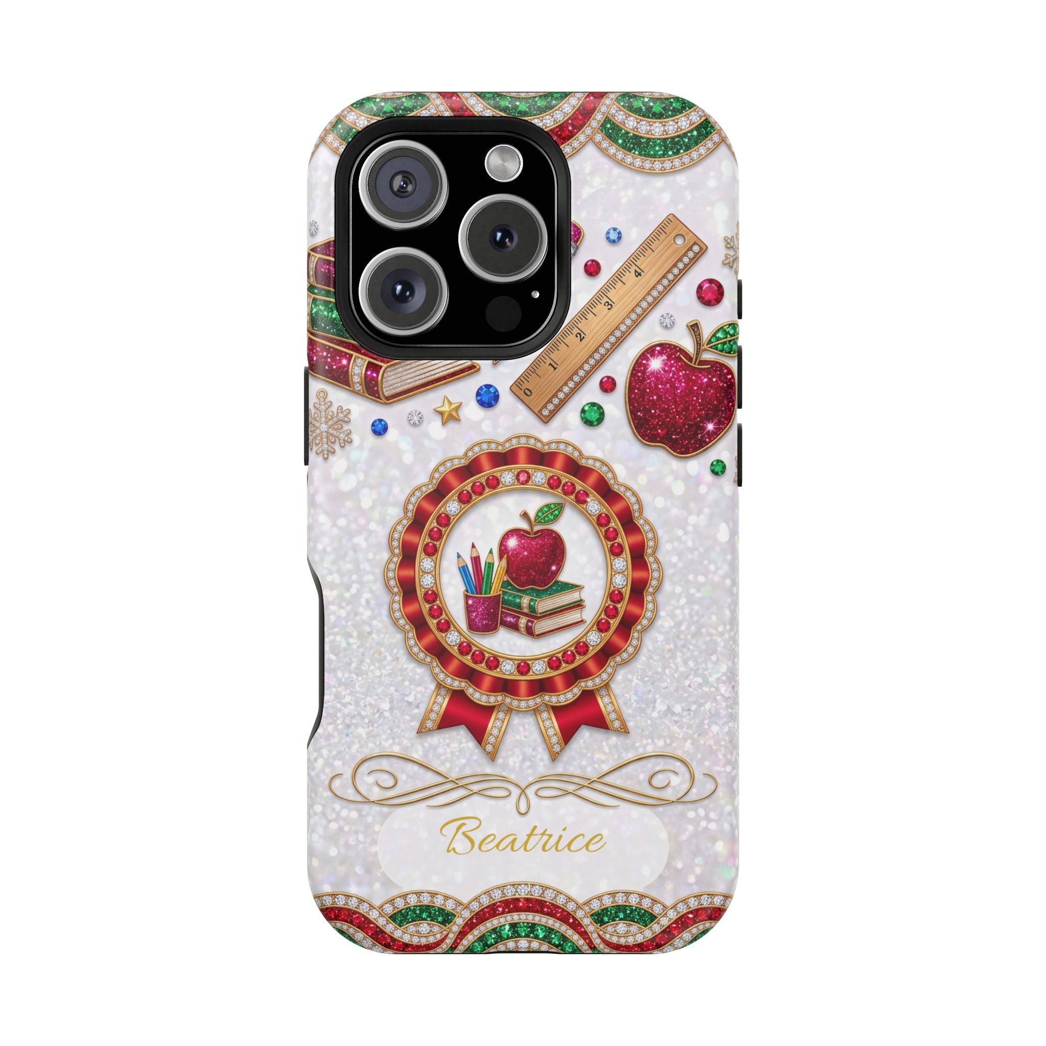 Jeweled Apple Medallion Personalized Teacher Phone Case — Wireless Charging Cover