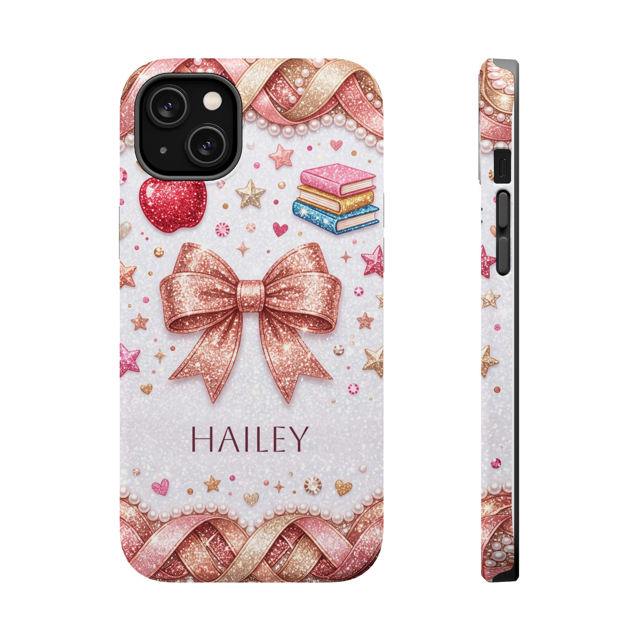 Rose Gold Glitter Bow Personalized Teacher Phone Case — Wireless Charging Cover