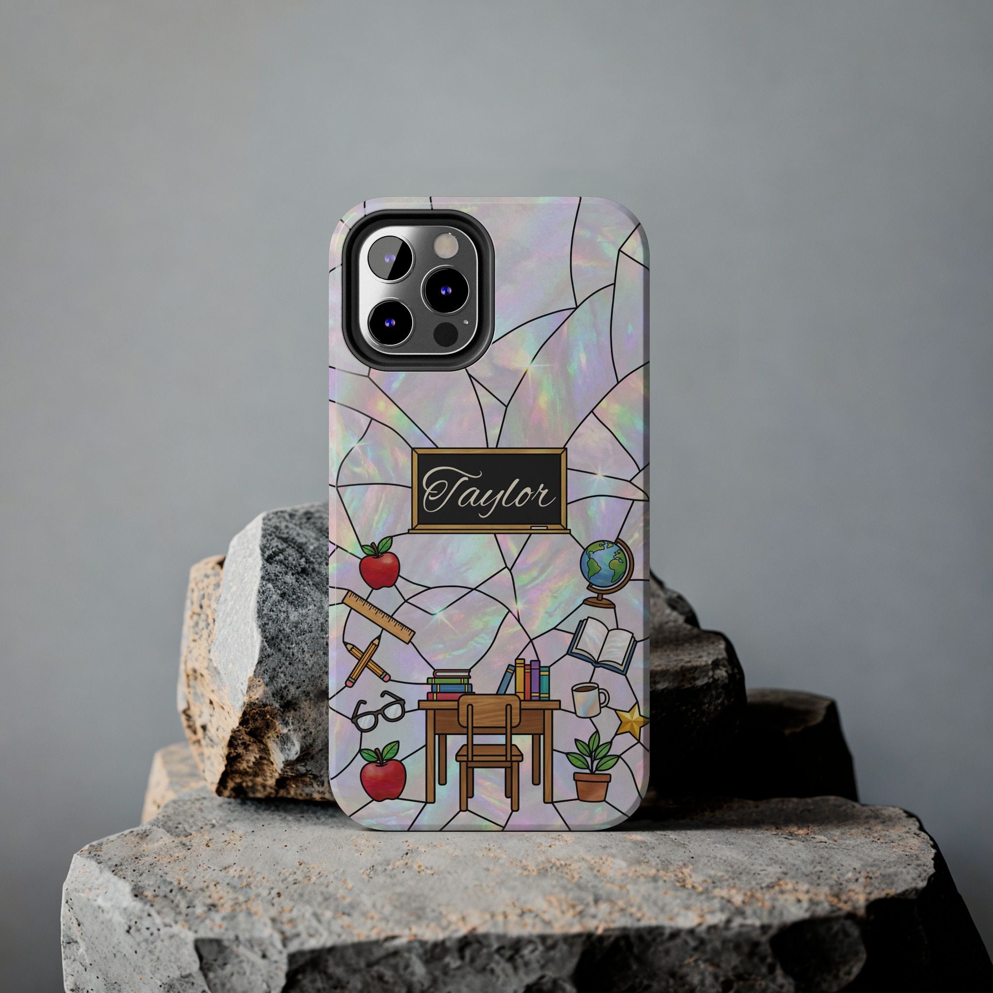 Personalized Teacher Phone Case — Custom Name Stained Glass Classroom Design
