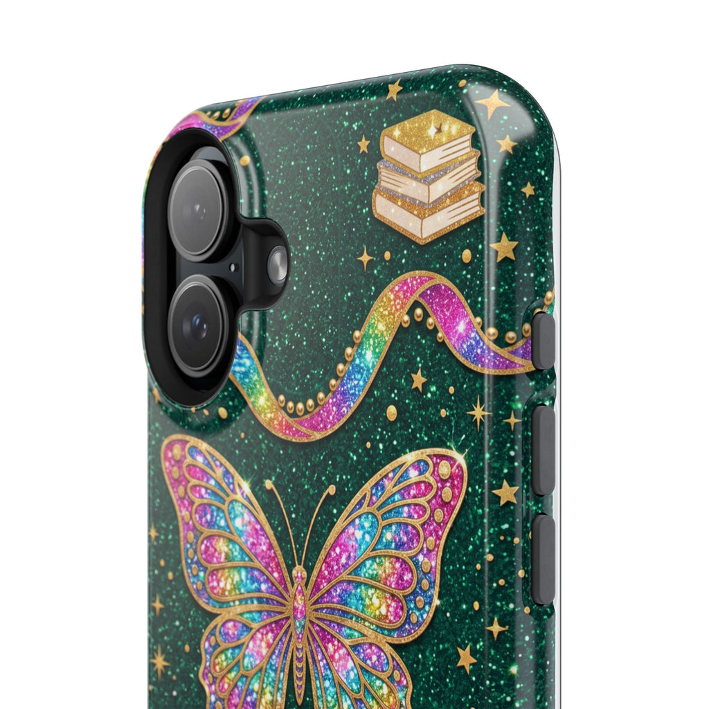 Rainbow Glitter Butterfly Personalized Teacher Phone Case — Wireless Charging Cover