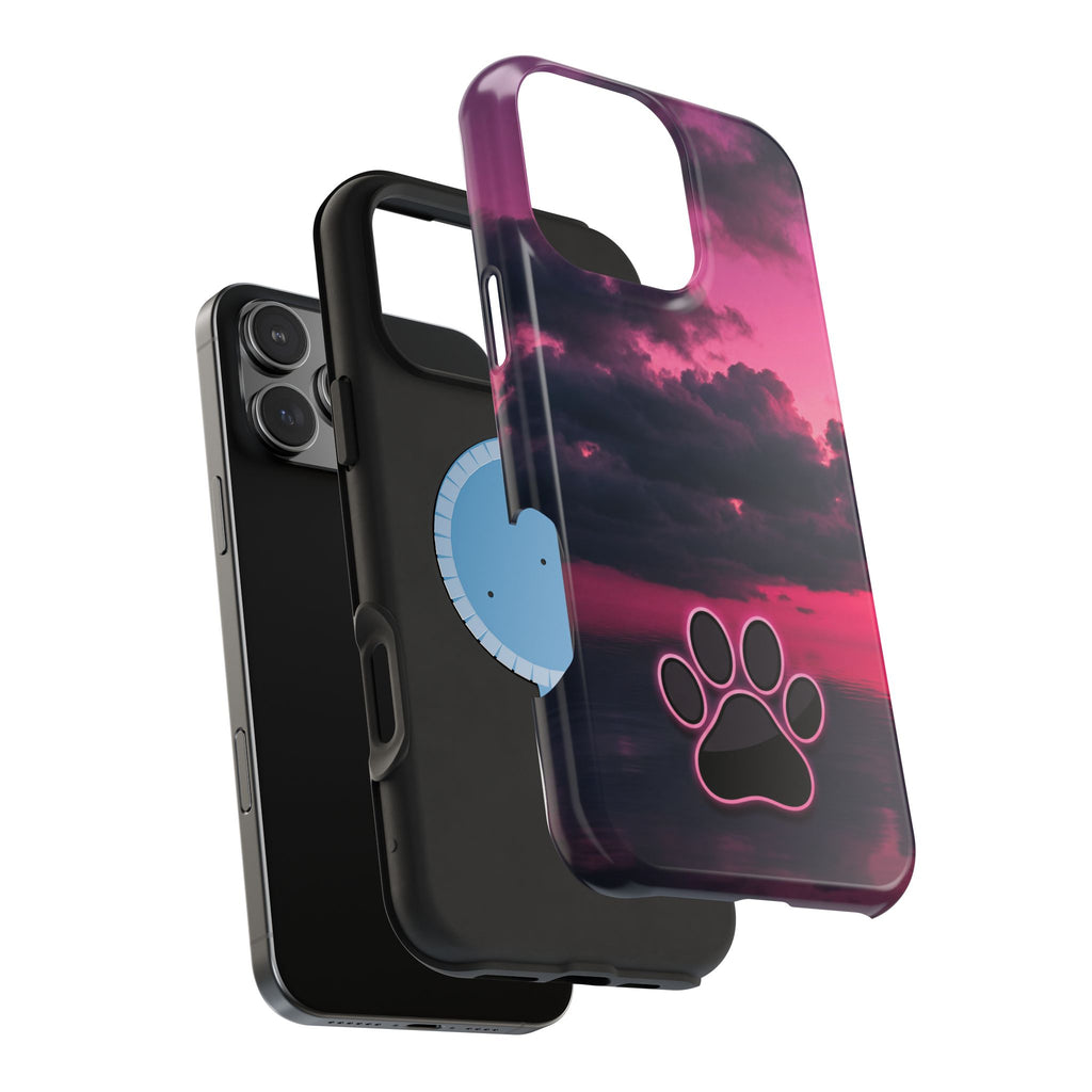 iPhone & Samsung Magnetic Impact-Resistant Phone Case — Pink Twilight Cloud with Paw Print