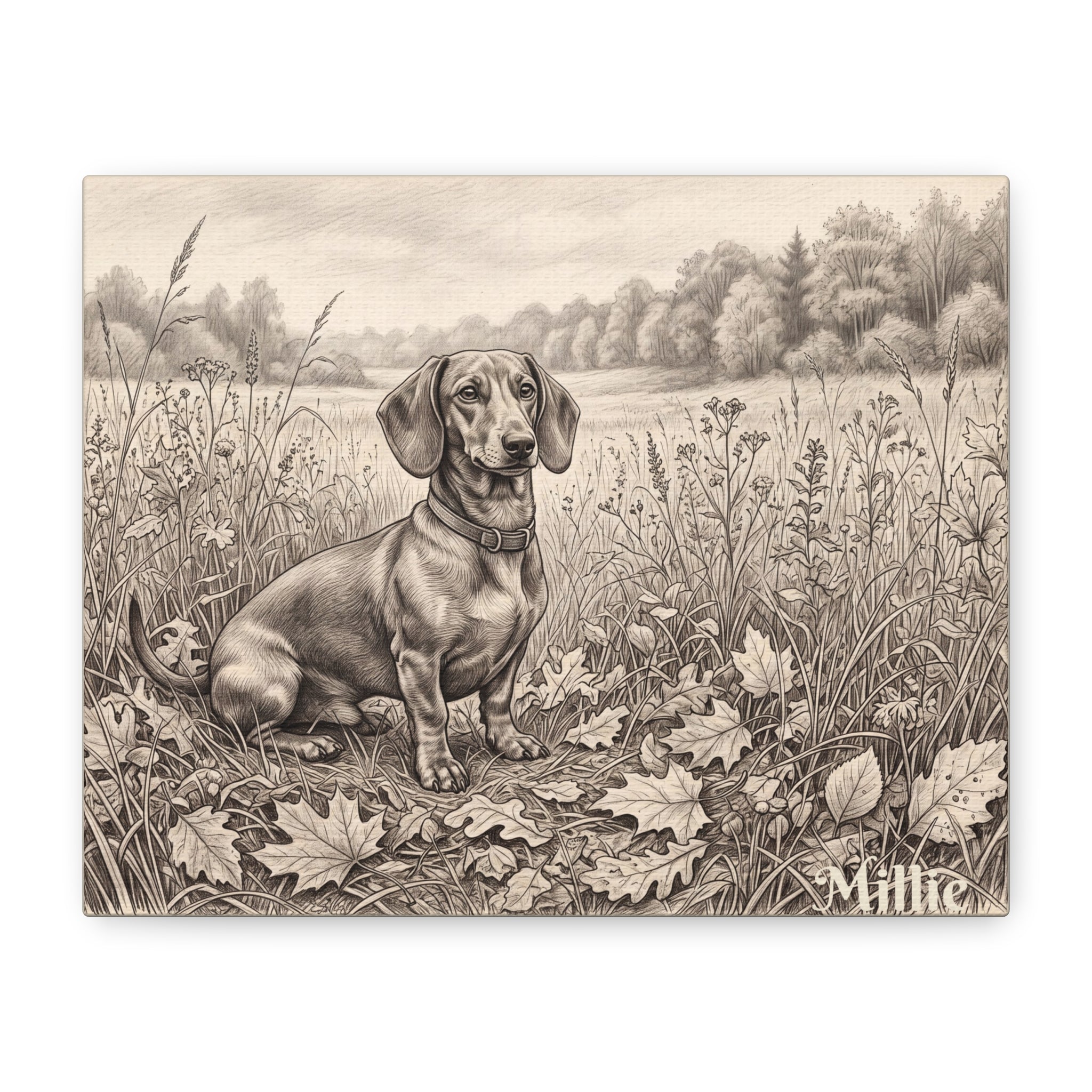 Dachshund Countryside Sketch Personalized Canvas | Autumn Meadow Wall Art