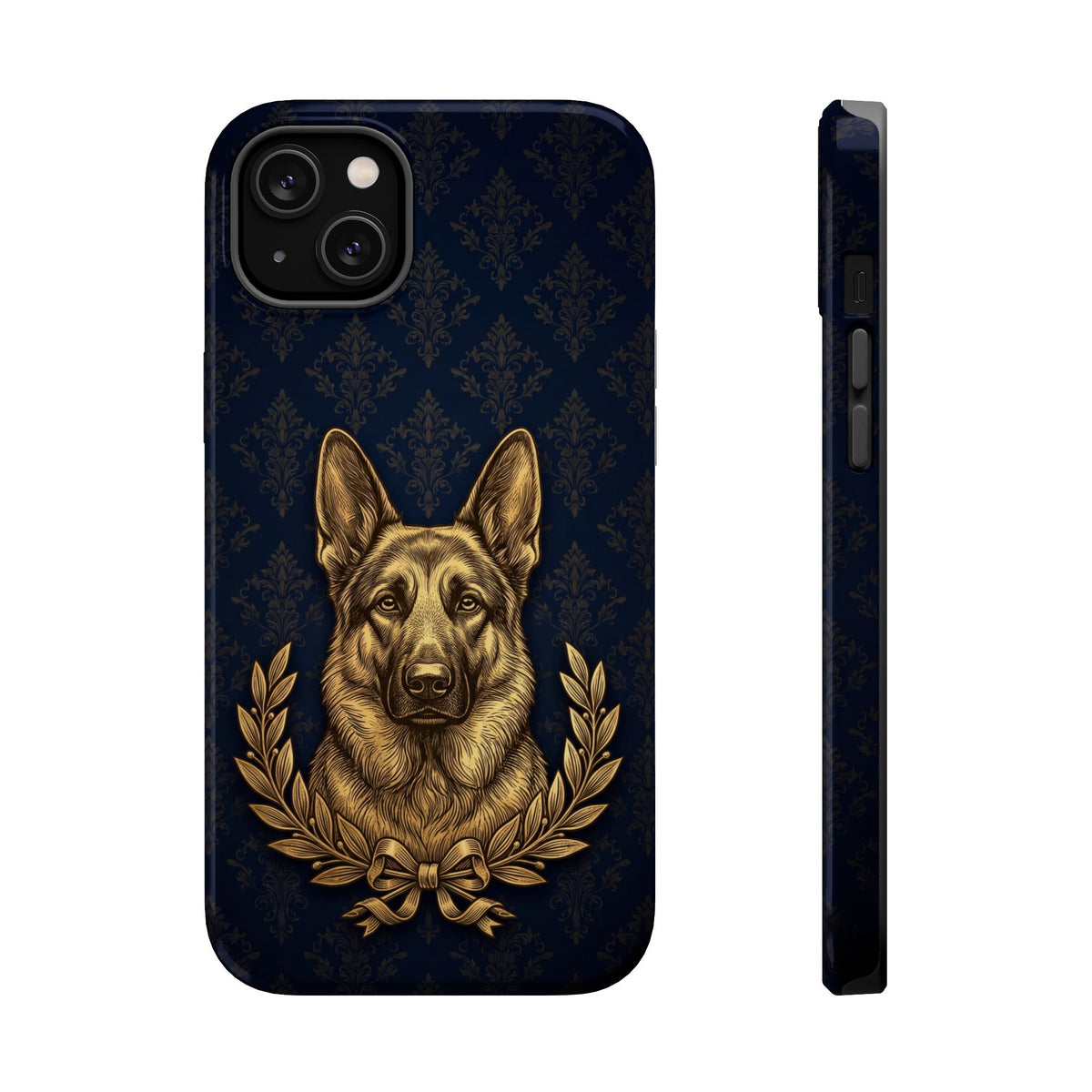 German Shepherd Phone Case | Navy Gold Laurel Art — Tough Magnetic Case with Wireless Charging