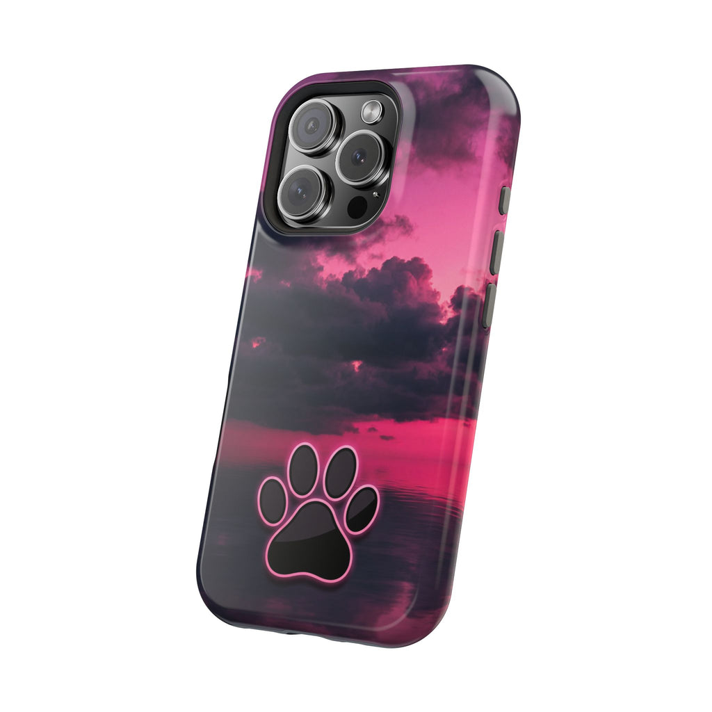 iPhone & Samsung Magnetic Impact-Resistant Phone Case — Pink Twilight Cloud with Paw Print