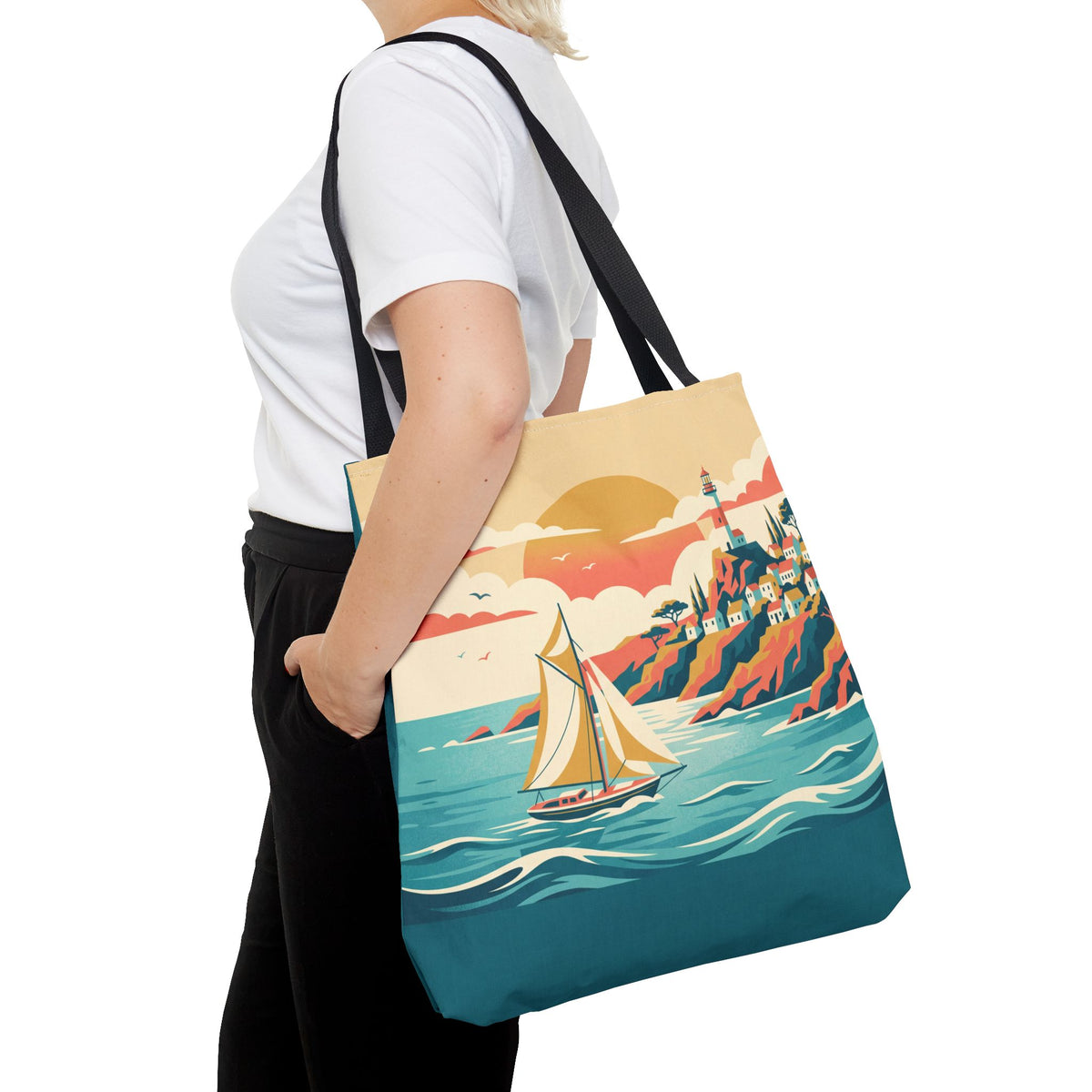 Coastal Lighthouse Sailboat Tote Bag – Retro Seaside Sunset Beach Bag