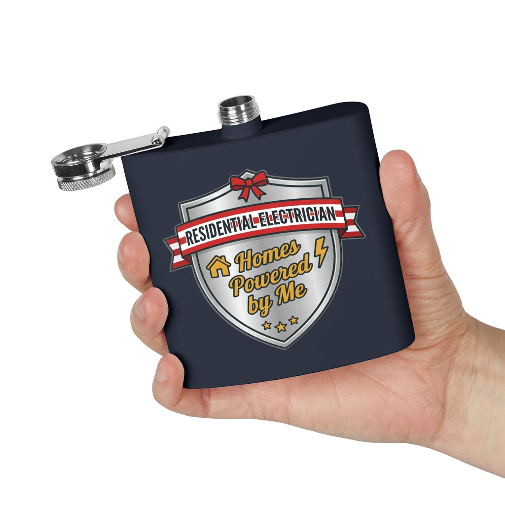 Flask — "Residential Electrician: Homes Powered by Me" (Shield Badge) 6oz Stainless Steel Hip Flask