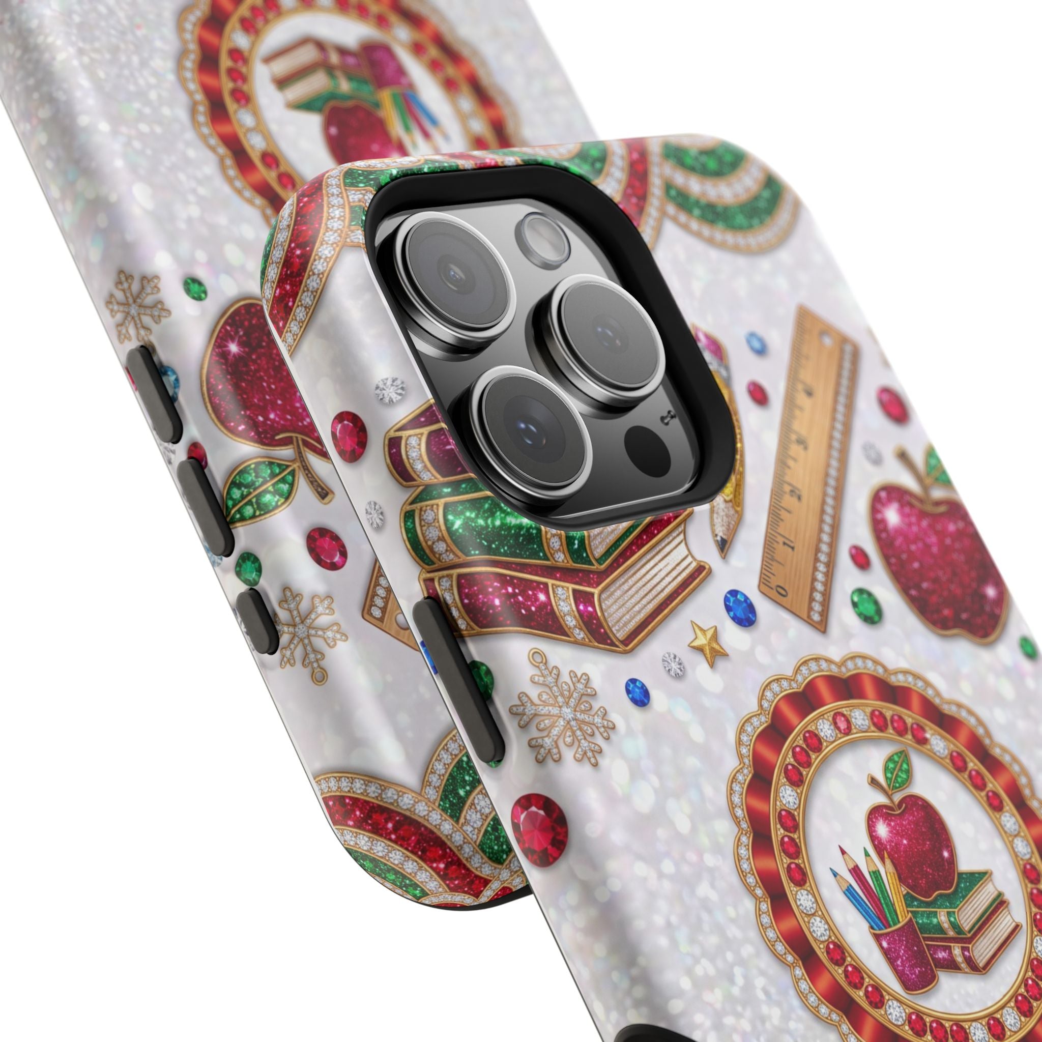 Jeweled Apple Medallion Personalized Teacher Phone Case — Wireless Charging Cover
