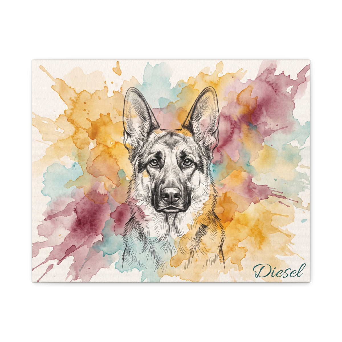 German Shepherd Personalized Canvas | Watercolor Splash Sketch Wall Art