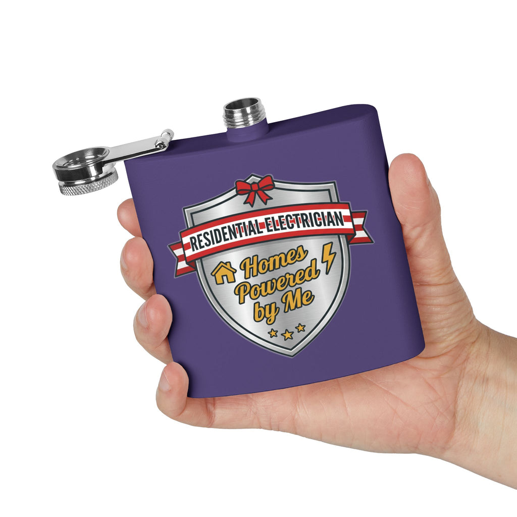 Flask — "Residential Electrician: Homes Powered by Me" (Shield Badge) 6oz Stainless Steel Hip Flask