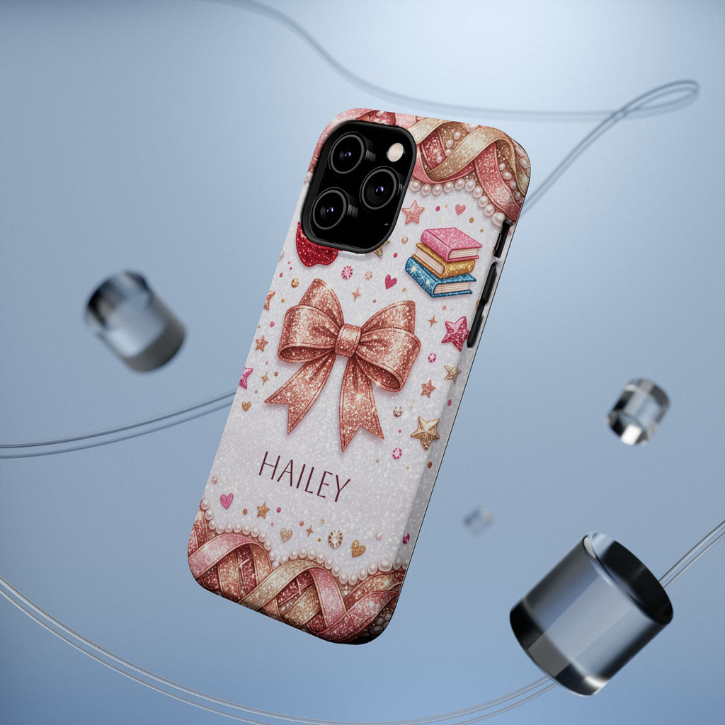Rose Gold Glitter Bow Personalized Teacher Phone Case — Wireless Charging Cover