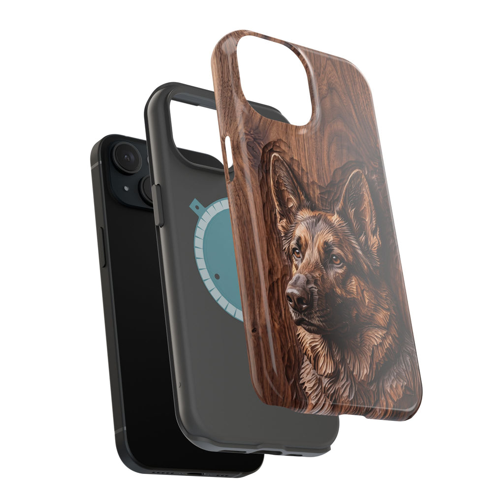 German Shepherd Phone Case | Carved Walnut Art — Tough Magnetic Case with Wireless Charging