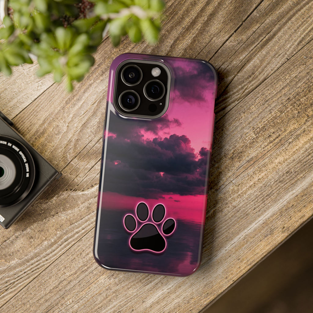iPhone & Samsung Magnetic Impact-Resistant Phone Case — Pink Twilight Cloud with Paw Print