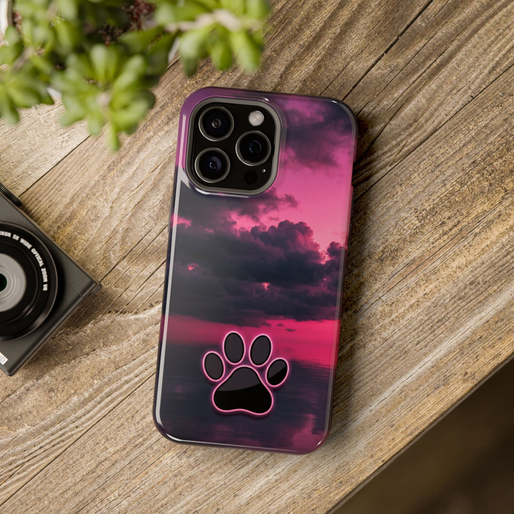 iPhone & Samsung Magnetic Impact-Resistant Phone Case — Pink Twilight Cloud with Paw Print