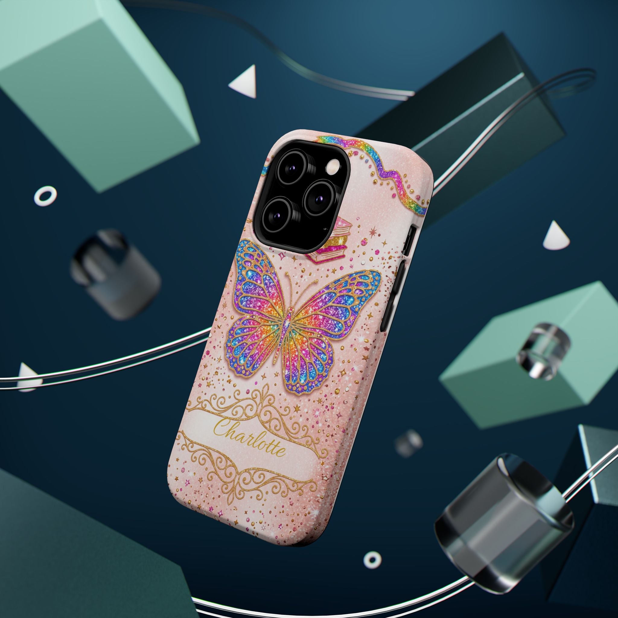 Blush Glitter Butterfly Personalized Teacher Phone Case — Wireless Charging Cover