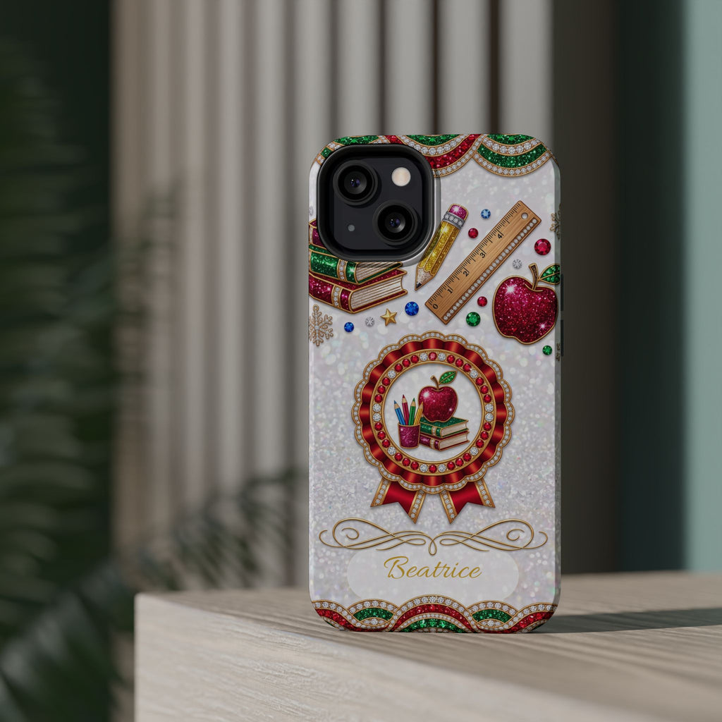 Jeweled Apple Medallion Personalized Teacher Phone Case — Wireless Charging Cover