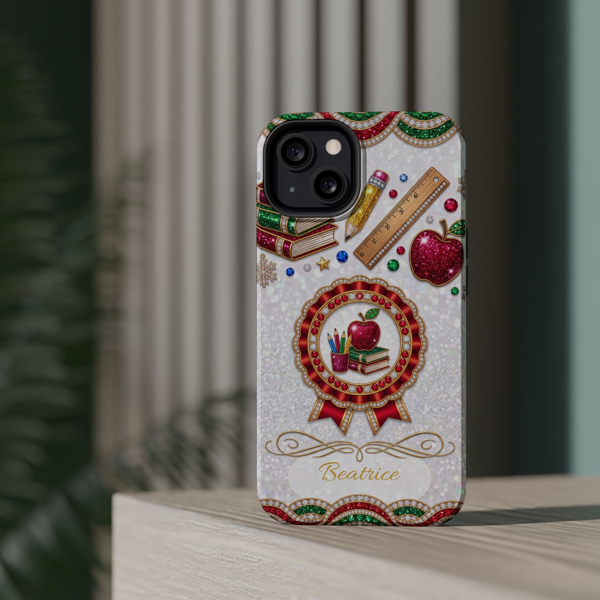 Jeweled Apple Medallion Personalized Teacher Phone Case — Wireless Charging Cover