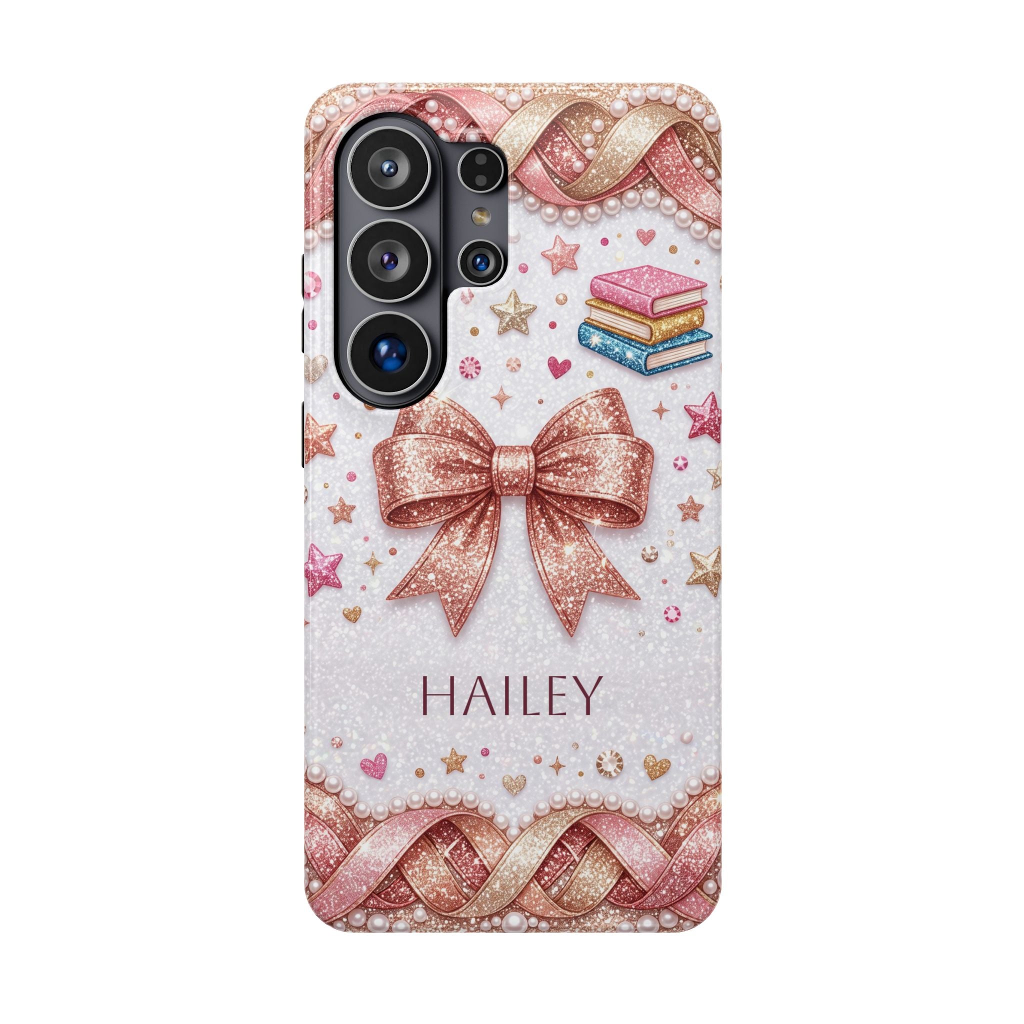 Rose Gold Glitter Bow Personalized Teacher Phone Case — Wireless Charging Cover