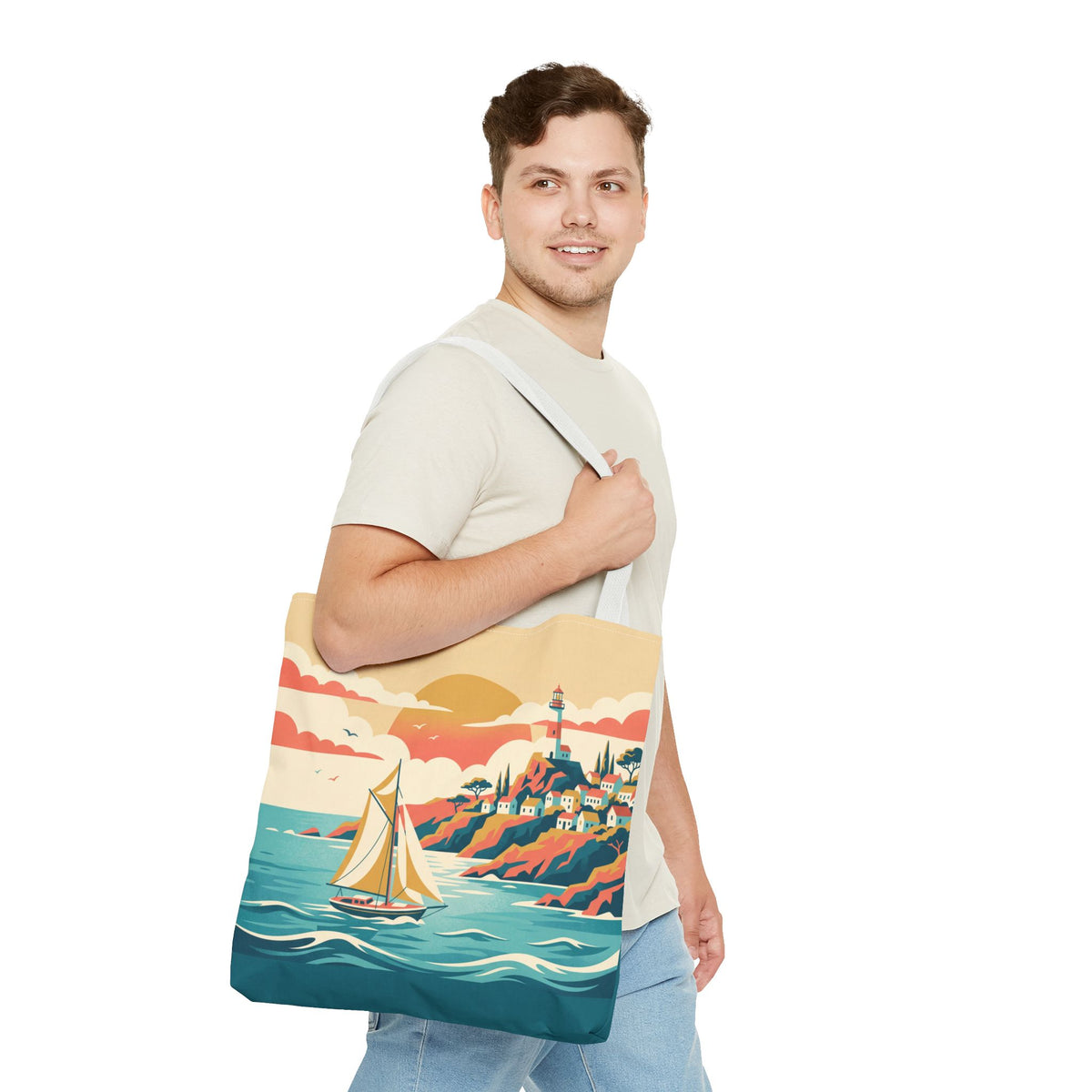 Coastal Lighthouse Sailboat Tote Bag – Retro Seaside Sunset Beach Bag