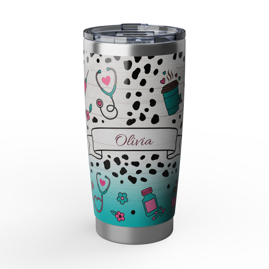 Personalized Nurse Tumbler – Custom Name Dalmatian Print Teal 20 oz