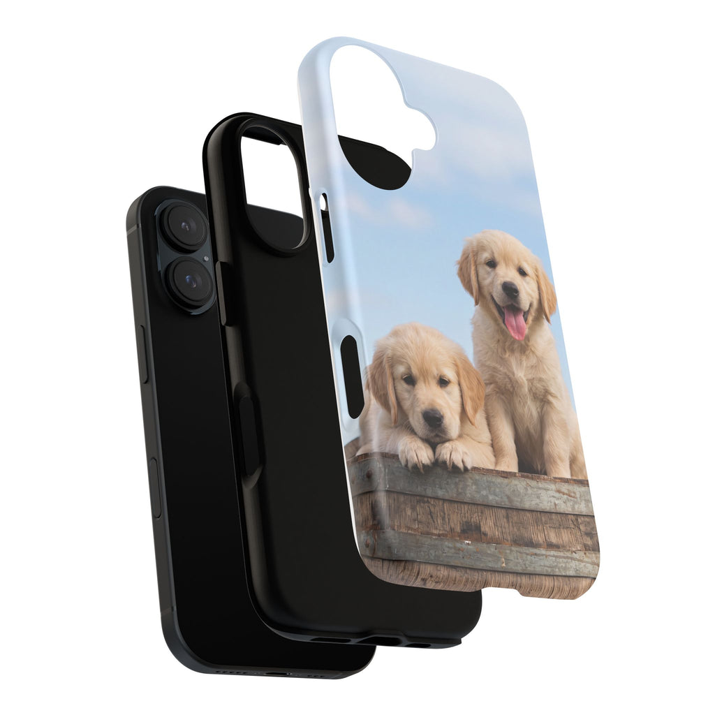 Golden Retriever Puppies on Barrel Phone Case | Cute Duo Under Blue Sky | iPhone & Samsung