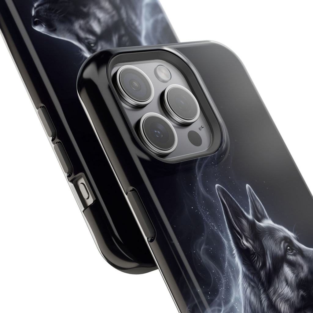 German Shepherd Phone Case | Silver Moonlight Mist Art — Tough Magnetic Case with Wireless Charging