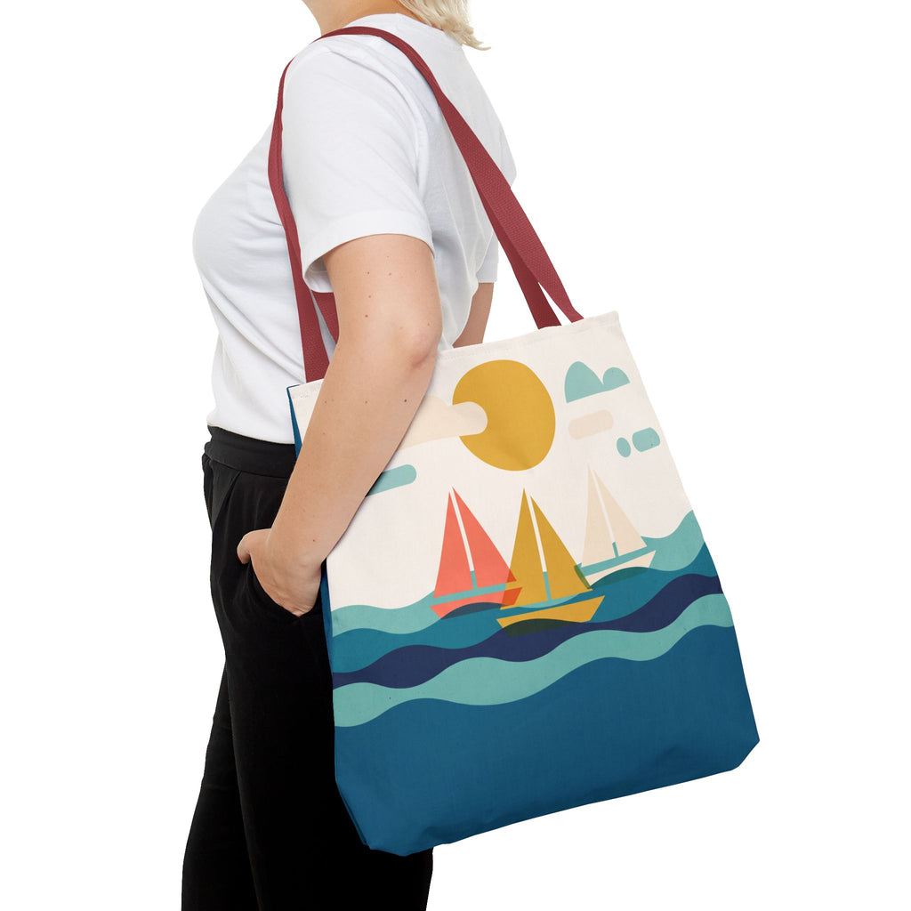 Minimalist Sailboat Tote Bag – Mid-Century Modern Ocean Waves Beach Bag