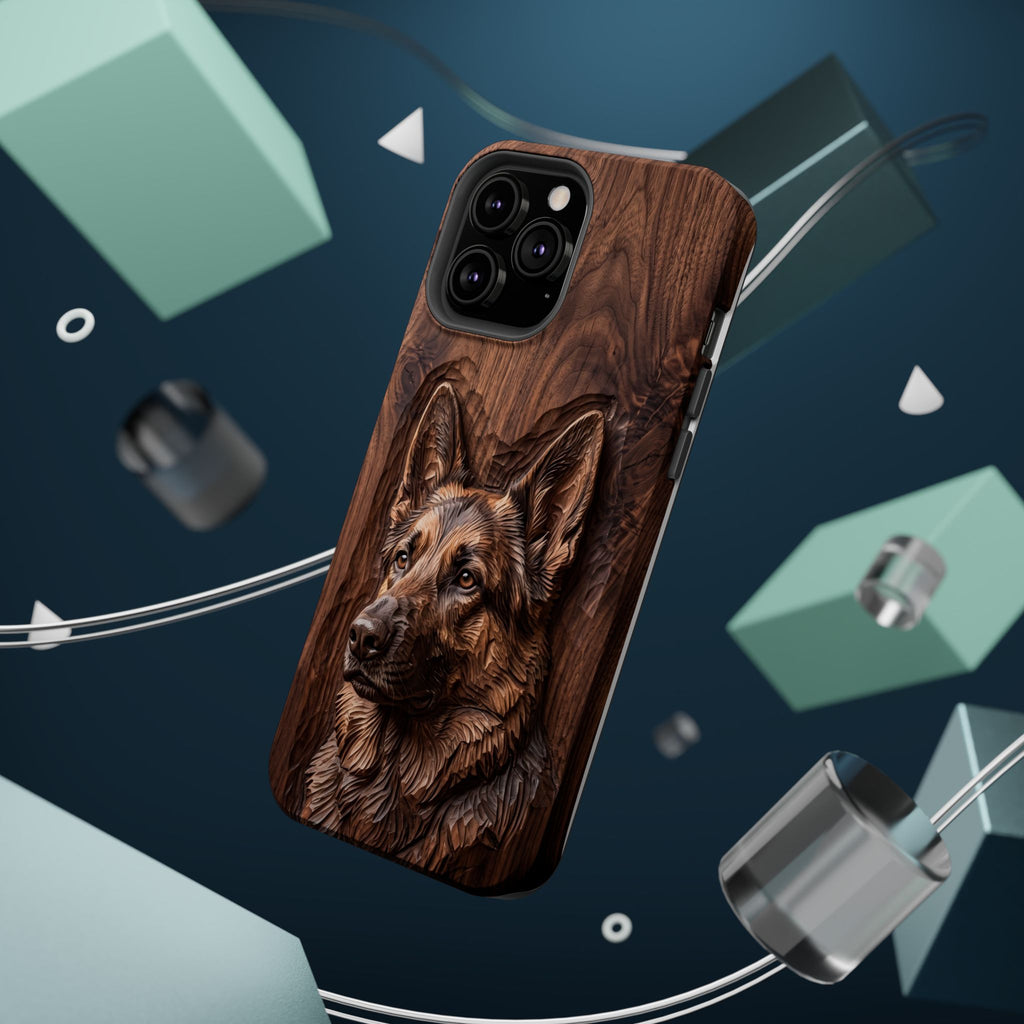 German Shepherd Phone Case | Carved Walnut Art — Tough Magnetic Case with Wireless Charging