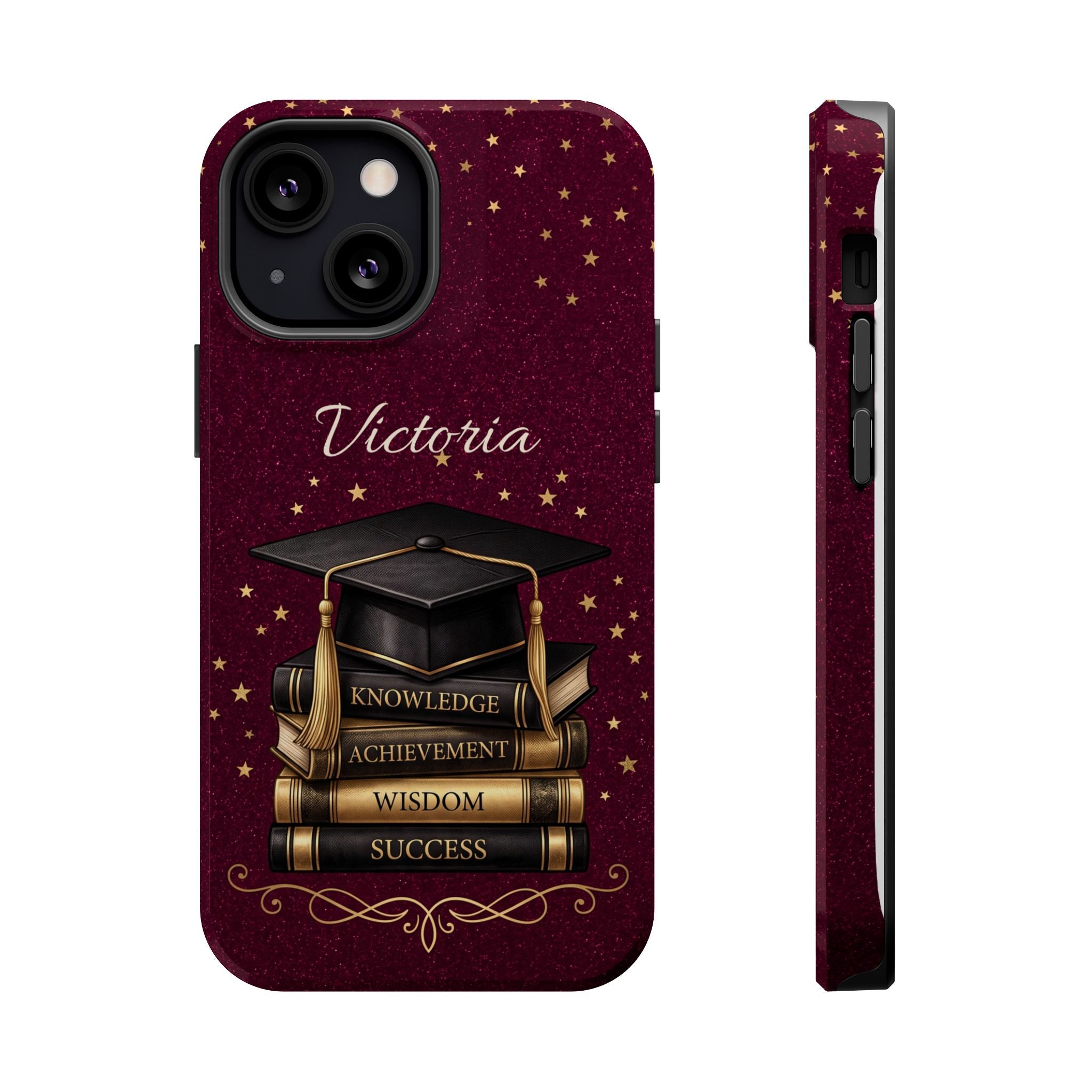 Graduation Cap & Books Personalized Teacher Phone Case — Wireless Charging Cover