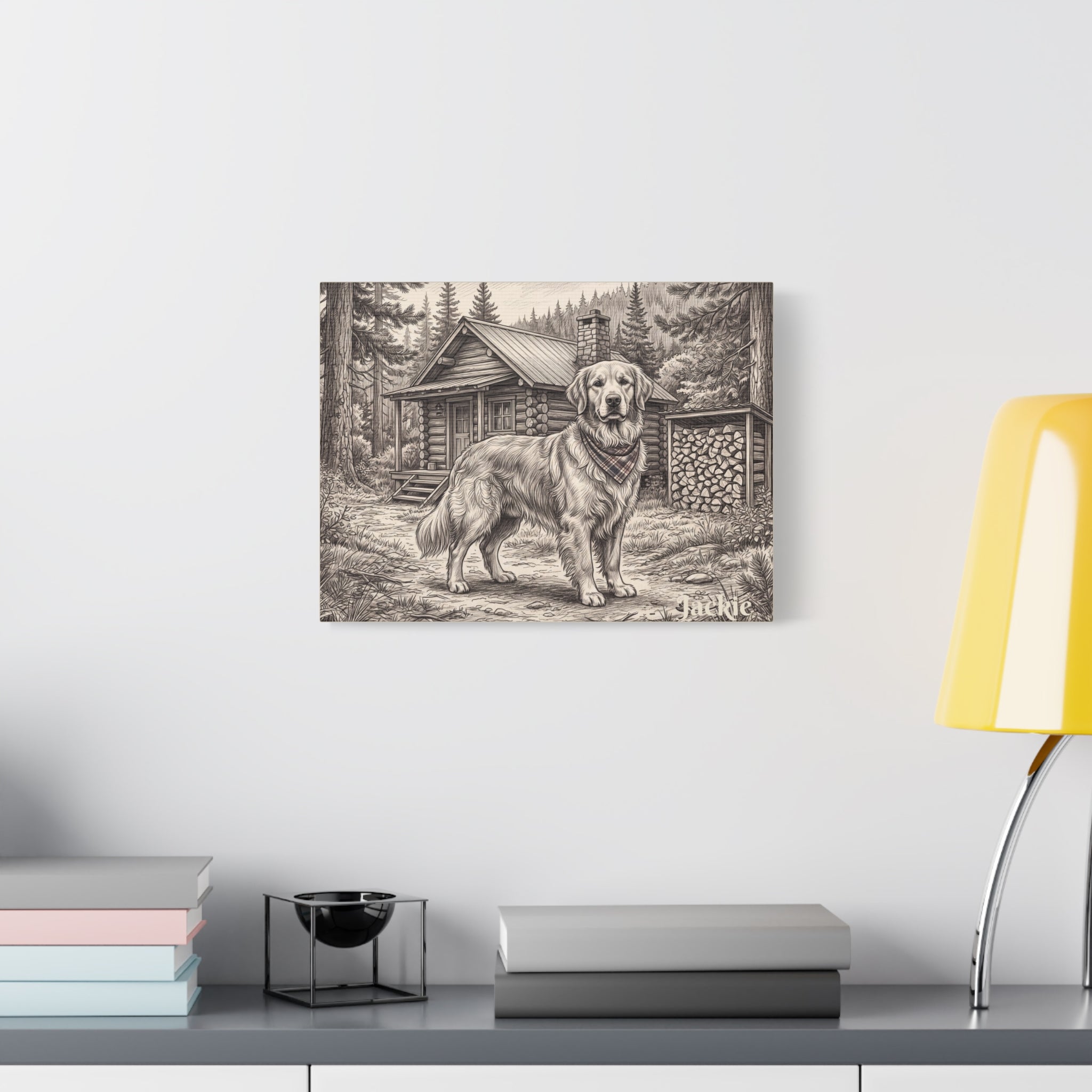 Golden Retriever Cabin Sketch Personalized Canvas | Rustic Woodland Wall Art