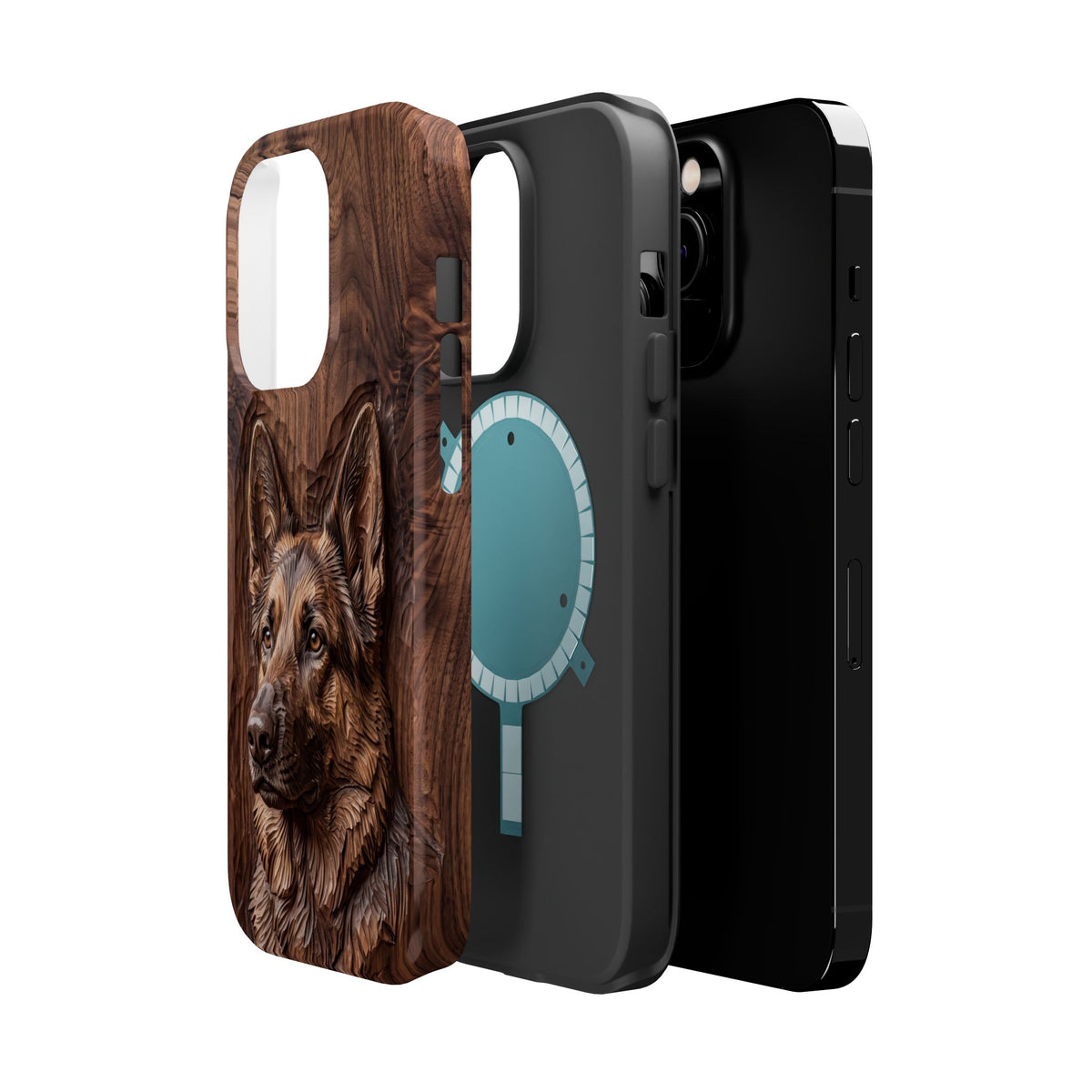 German Shepherd Phone Case | Carved Walnut Art — Tough Magnetic Case with Wireless Charging
