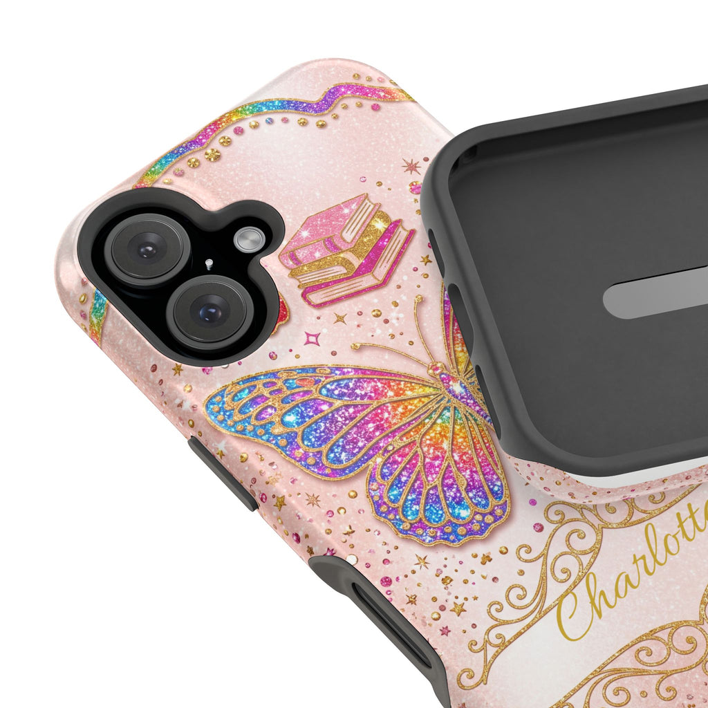Blush Glitter Butterfly Personalized Teacher Phone Case — Wireless Charging Cover